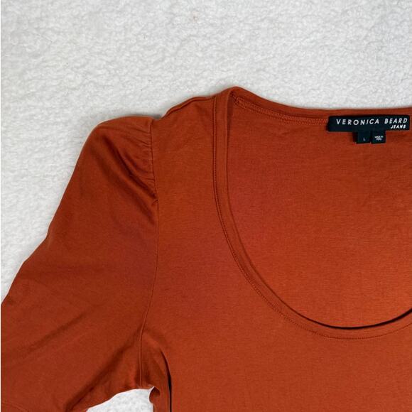 Veronica Beard Scoop Neck Puff Sleeve T Shirt Top Rust Orange Large - Picture 2 of 7